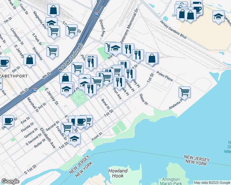 map of restaurants, bars, coffee shops, grocery stores, and more near 145 Port Avenue in Elizabeth