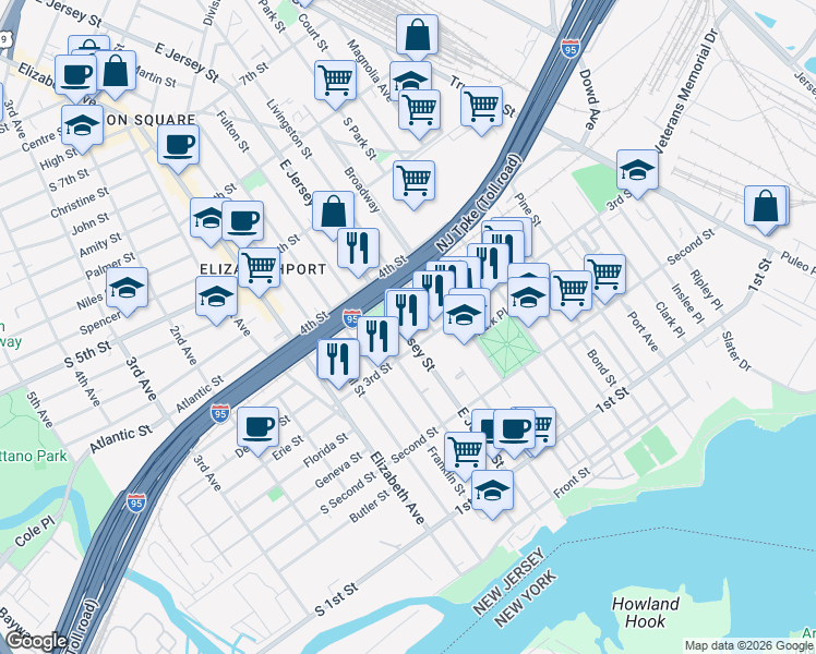 map of restaurants, bars, coffee shops, grocery stores, and more near 324 Livingston Street in Elizabeth