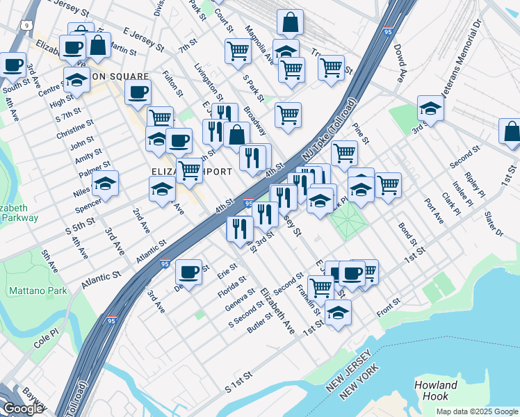 map of restaurants, bars, coffee shops, grocery stores, and more near 328-338 East Jersey Street in Elizabeth