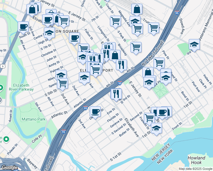 map of restaurants, bars, coffee shops, grocery stores, and more near 414 Marshall Street in Elizabeth