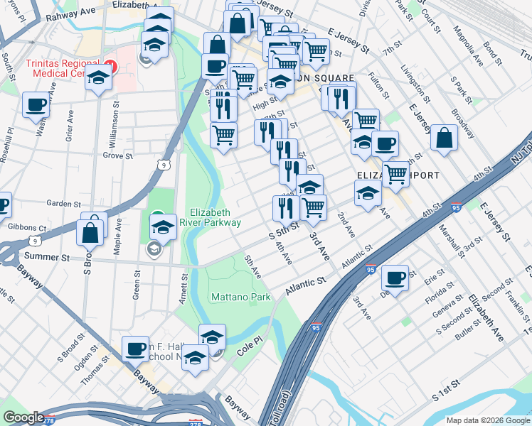 map of restaurants, bars, coffee shops, grocery stores, and more near 316 Niles Street in Elizabeth