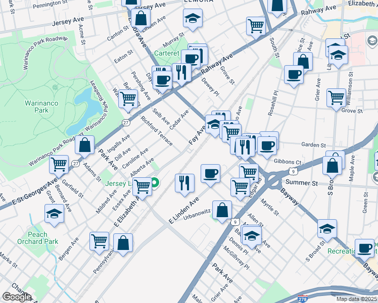 map of restaurants, bars, coffee shops, grocery stores, and more near 750 Fay Avenue in Elizabeth