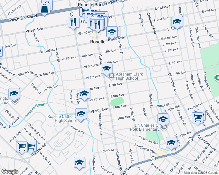 map of restaurants, bars, coffee shops, grocery stores, and more near 616 Chestnut Street in Roselle