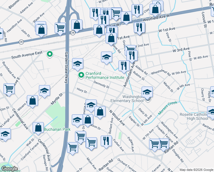map of restaurants, bars, coffee shops, grocery stores, and more near 234 Cristiani Street in Roselle