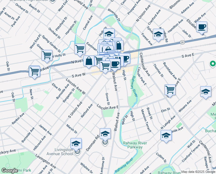 map of restaurants, bars, coffee shops, grocery stores, and more near 7 Retford Avenue in Cranford