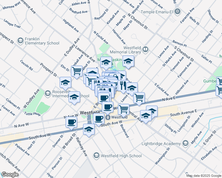 map of restaurants, bars, coffee shops, grocery stores, and more near 253 East Broad Street in Westfield