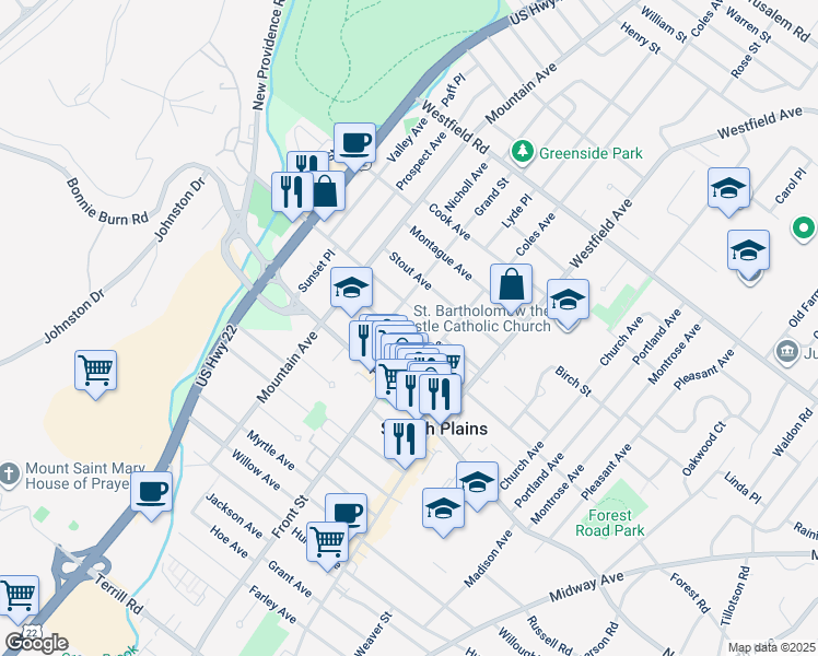 map of restaurants, bars, coffee shops, grocery stores, and more near 361 Union Avenue in Scotch Plains