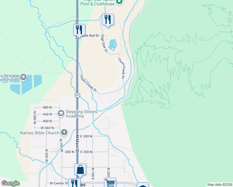 map of restaurants, bars, coffee shops, grocery stores, and more near 372 Thorn Creek Drive in Kamas