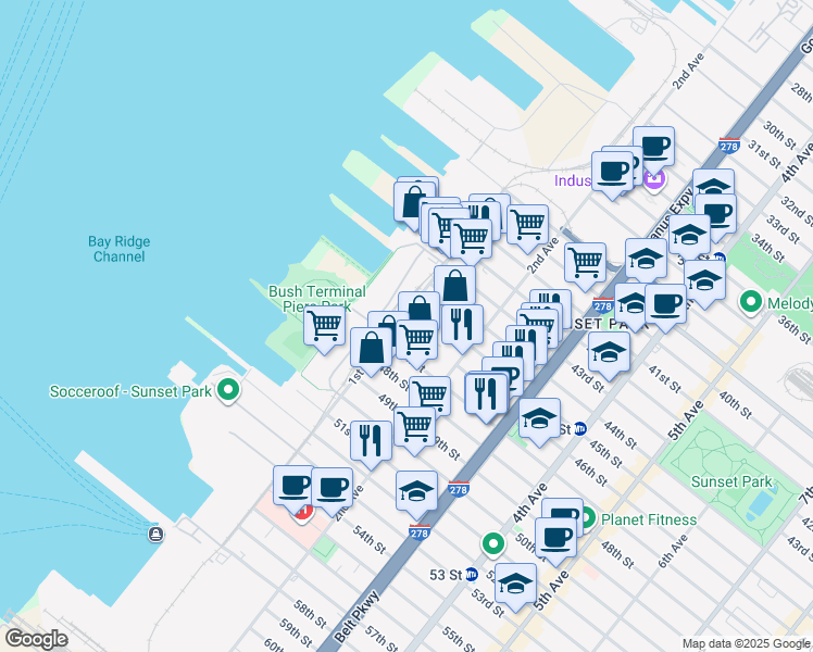 map of restaurants, bars, coffee shops, grocery stores, and more near 4473 1st Avenue in Brooklyn