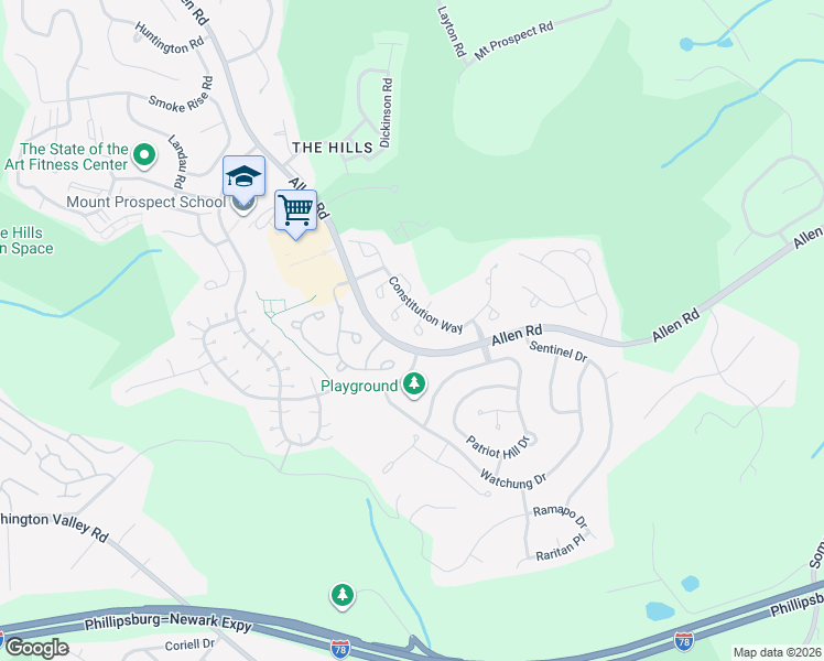 map of restaurants, bars, coffee shops, grocery stores, and more near 1 Knox Court in Basking Ridge