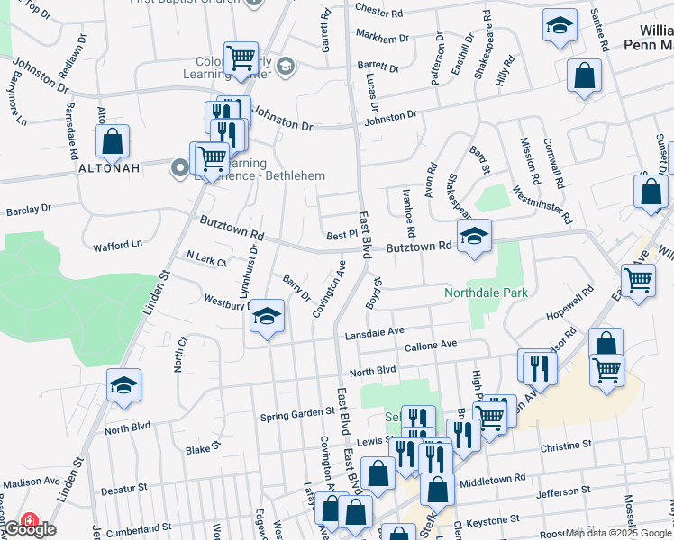 map of restaurants, bars, coffee shops, grocery stores, and more near 2755 Covington Avenue in Bethlehem