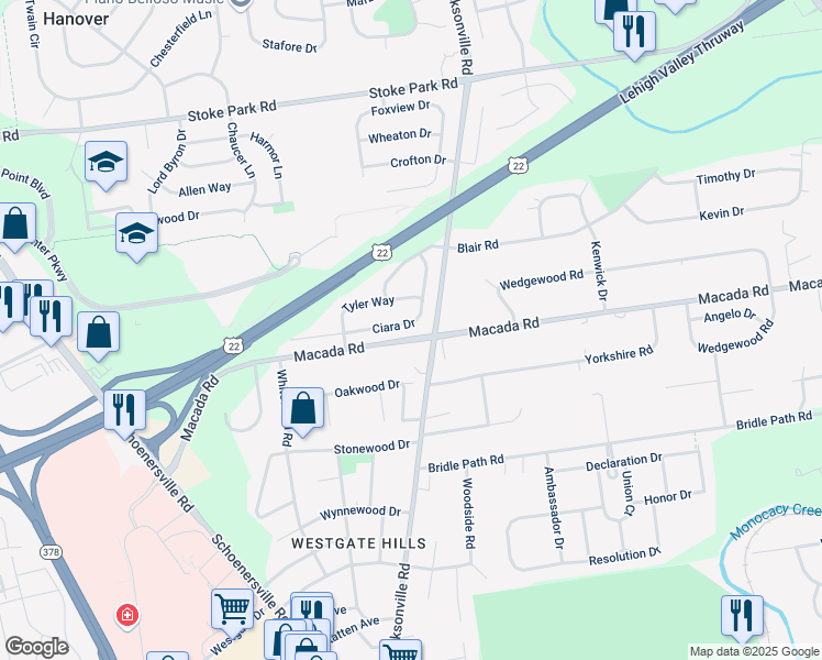 map of restaurants, bars, coffee shops, grocery stores, and more near 1350 Ciara Drive in Bethlehem