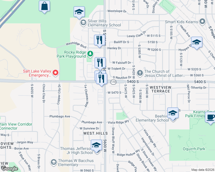map of restaurants, bars, coffee shops, grocery stores, and more near 5578 West Poacher Circle in Salt Lake City