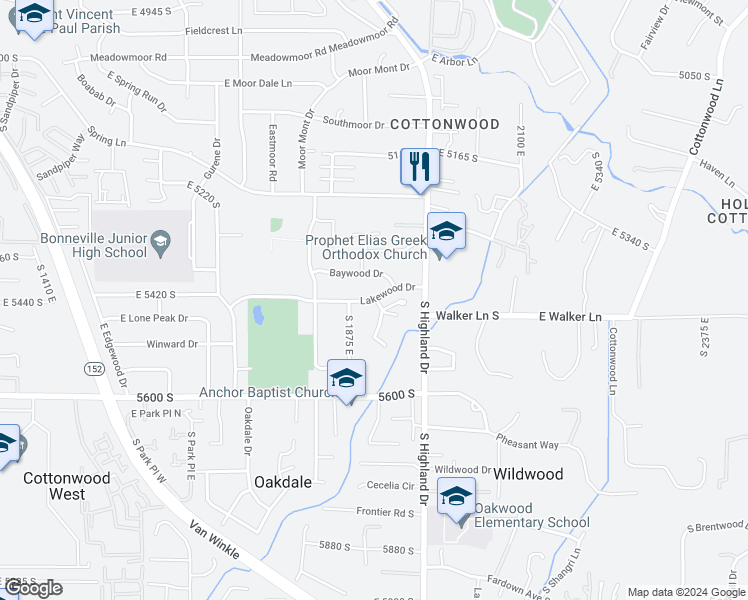 map of restaurants, bars, coffee shops, grocery stores, and more near 1475 East Lakewood Drive in Holladay