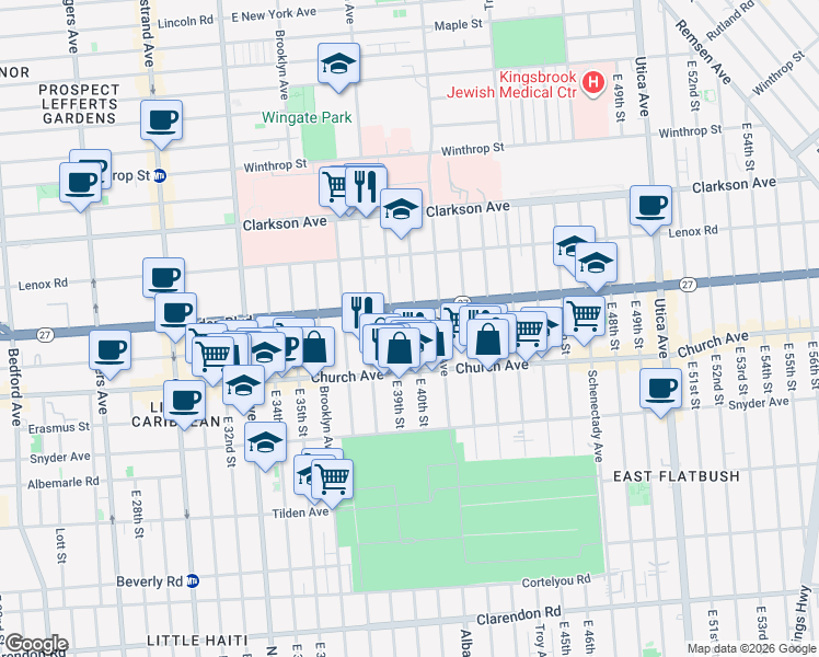 map of restaurants, bars, coffee shops, grocery stores, and more near 130 East 40th Street in Brooklyn