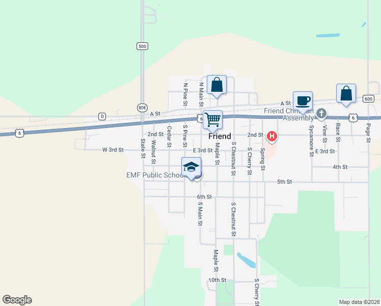 map of restaurants, bars, coffee shops, grocery stores, and more near 212 South Pine Street in Friend