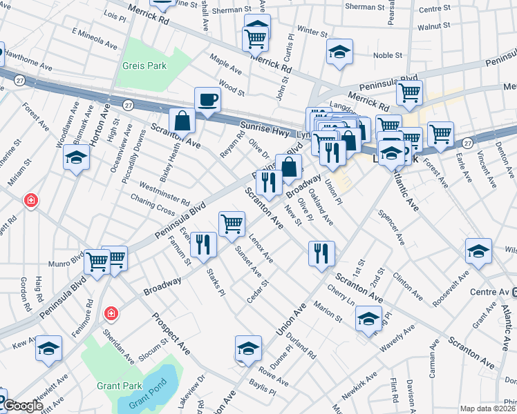 map of restaurants, bars, coffee shops, grocery stores, and more near 8 Evergreen Avenue in Lynbrook