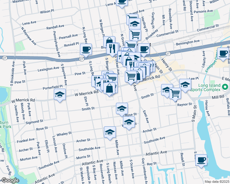 map of restaurants, bars, coffee shops, grocery stores, and more near 151 West Merrick Road in Freeport