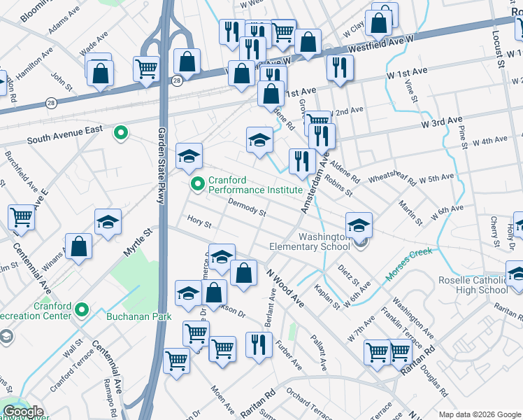 map of restaurants, bars, coffee shops, grocery stores, and more near 234 Cristiani Street in Roselle