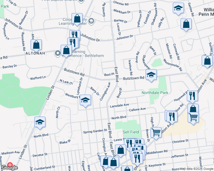 map of restaurants, bars, coffee shops, grocery stores, and more near 2755 Covington Avenue in Bethlehem