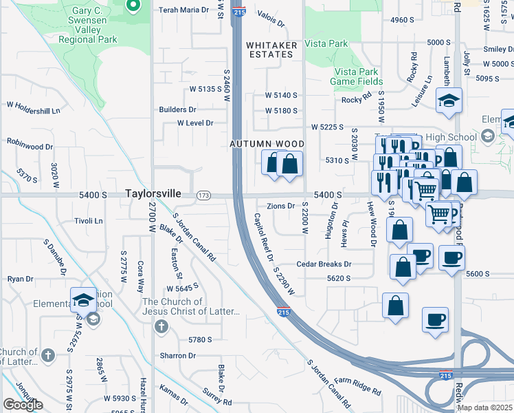 map of restaurants, bars, coffee shops, grocery stores, and more near 5416 Capitol Reef Drive in Taylorsville