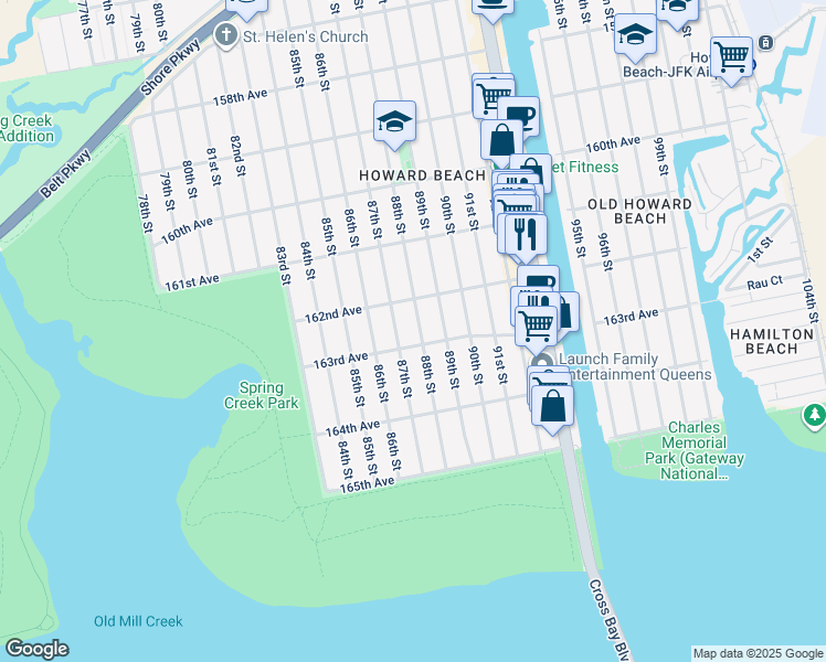 map of restaurants, bars, coffee shops, grocery stores, and more near 162-12 88th Street in Queens