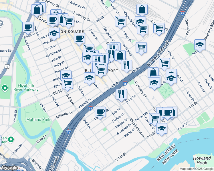 map of restaurants, bars, coffee shops, grocery stores, and more near 414 Marshall Street in Elizabeth