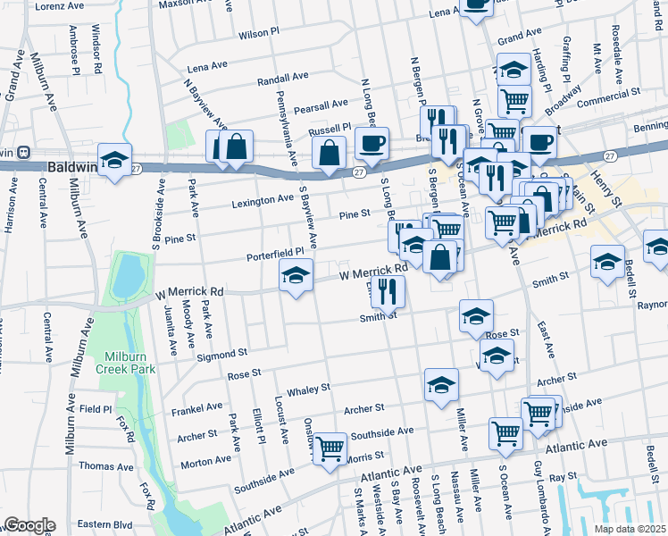 map of restaurants, bars, coffee shops, grocery stores, and more near 69 Porterfield Place in Freeport