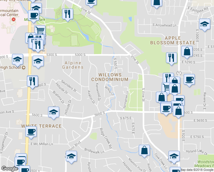 map of restaurants, bars, coffee shops, grocery stores, and more near 5461 Willow Lane in Salt Lake City