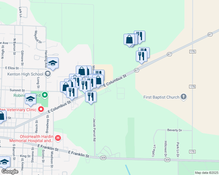 map of restaurants, bars, coffee shops, grocery stores, and more near 1000 East Columbus Street in Kenton