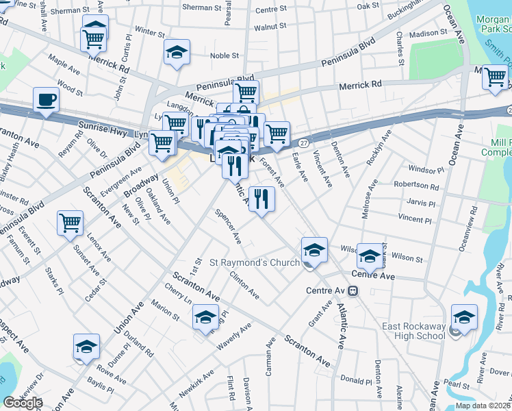 map of restaurants, bars, coffee shops, grocery stores, and more near 6 Doxsey Place in Lynbrook