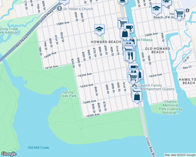 map of restaurants, bars, coffee shops, grocery stores, and more near 162-24 87th Street in Queens