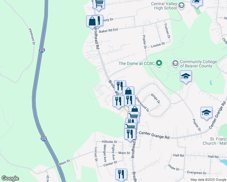 map of restaurants, bars, coffee shops, grocery stores, and more near 3493 Brodhead Road in Monaca