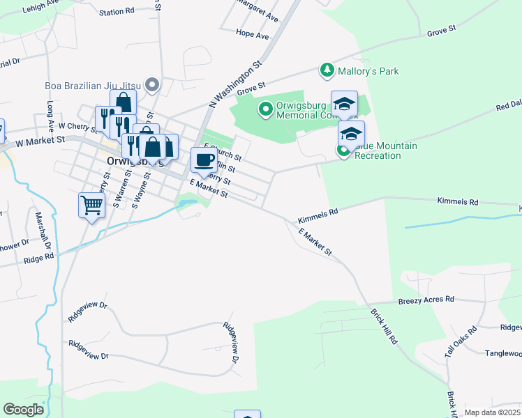map of restaurants, bars, coffee shops, grocery stores, and more near 667 East Market Street in Orwigsburg