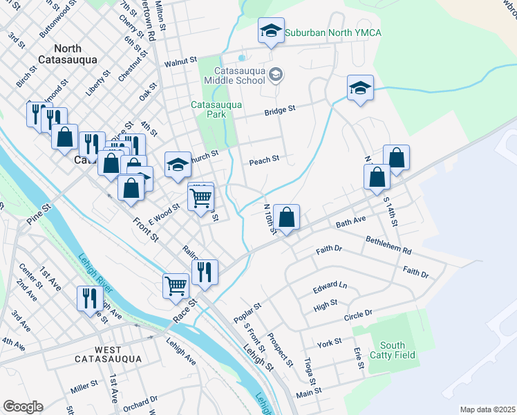 map of restaurants, bars, coffee shops, grocery stores, and more near 3 North 10th Street in Catasauqua