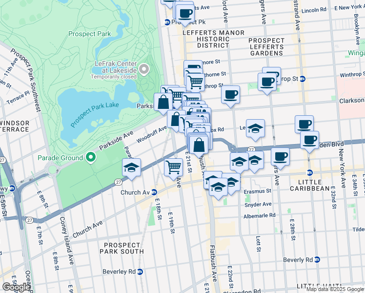 map of restaurants, bars, coffee shops, grocery stores, and more near 75 East 21st Street in Brooklyn