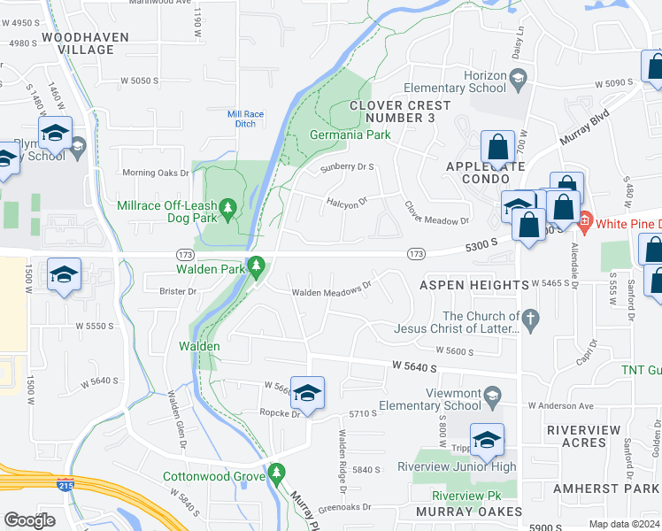 map of restaurants, bars, coffee shops, grocery stores, and more near 1104 West 5400 South in Murray