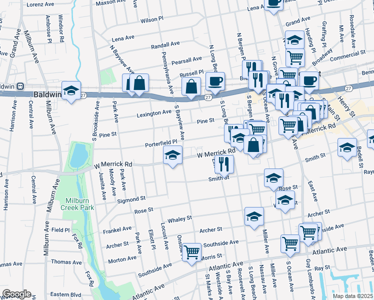 map of restaurants, bars, coffee shops, grocery stores, and more near 69 Porterfield Place in Freeport
