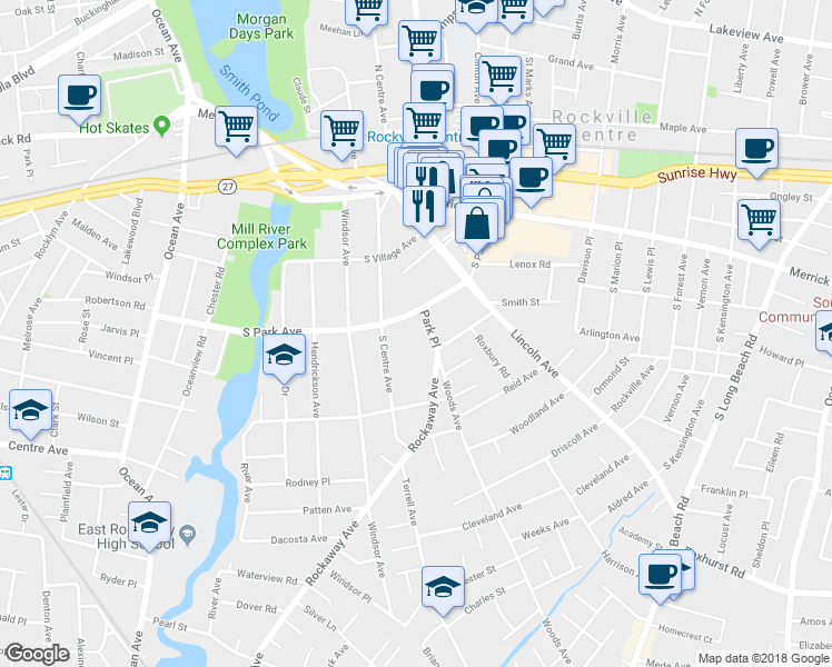 map of restaurants, bars, coffee shops, grocery stores, and more near 99 South Park Avenue in Rockville Centre