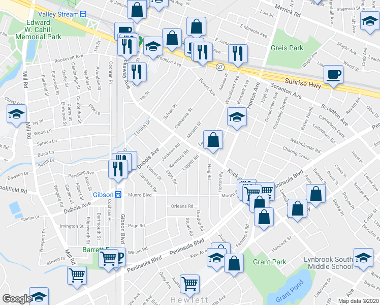 map of restaurants, bars, coffee shops, grocery stores, and more near 965 Rockaway Avenue in Valley Stream