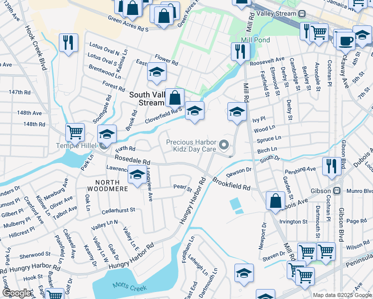 map of restaurants, bars, coffee shops, grocery stores, and more near 107 Saddle Rock Road in Valley Stream