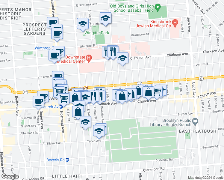 map of restaurants, bars, coffee shops, grocery stores, and more near 446 Linden Boulevard in Brooklyn