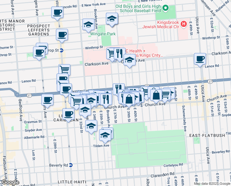 map of restaurants, bars, coffee shops, grocery stores, and more near 446 Linden Boulevard in Brooklyn