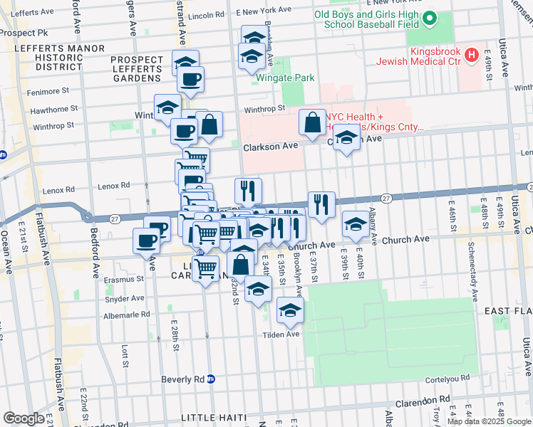 map of restaurants, bars, coffee shops, grocery stores, and more near 375 Linden Boulevard in Brooklyn