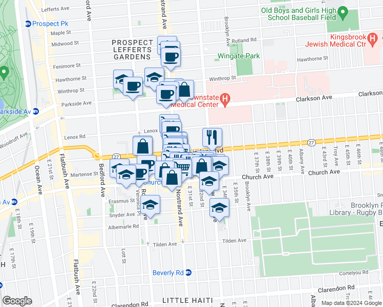 map of restaurants, bars, coffee shops, grocery stores, and more near 287 Linden Boulevard in Brooklyn