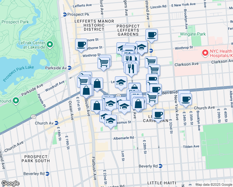 map of restaurants, bars, coffee shops, grocery stores, and more near 135 Linden Boulevard in Brooklyn