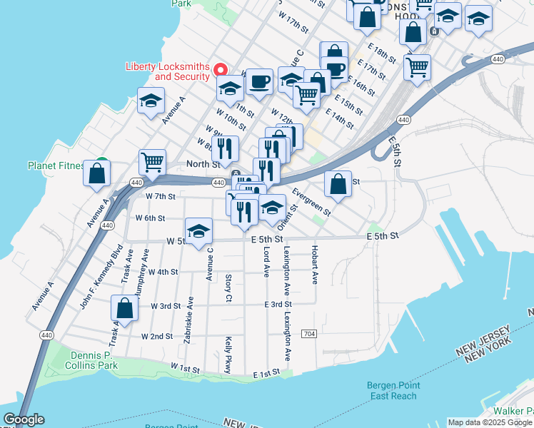 map of restaurants, bars, coffee shops, grocery stores, and more near 9 Silver Street in Bayonne
