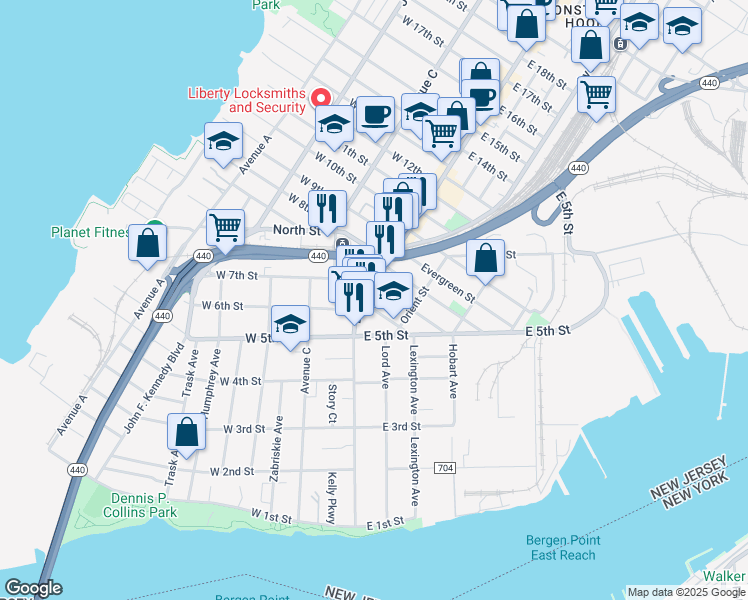 map of restaurants, bars, coffee shops, grocery stores, and more near 9 Silver Street in Bayonne
