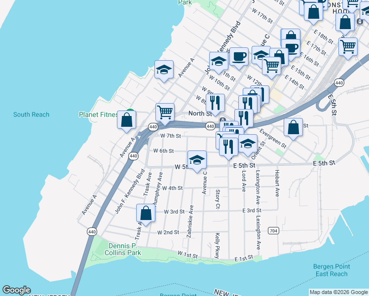 map of restaurants, bars, coffee shops, grocery stores, and more near 166 Newman Avenue in Bayonne