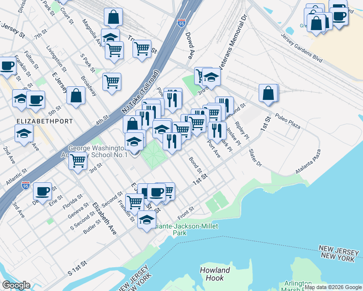 map of restaurants, bars, coffee shops, grocery stores, and more near 214 Bond Street in Elizabeth